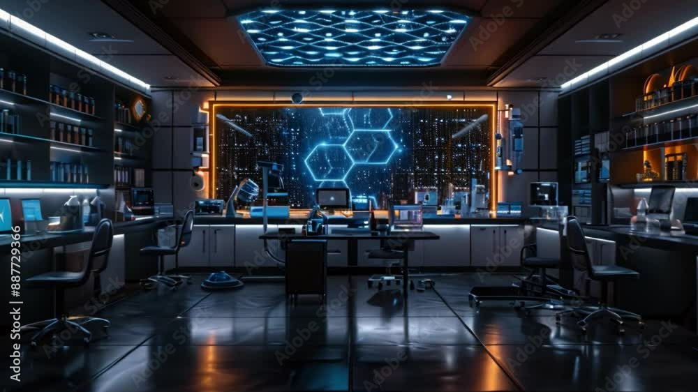 Poster a futuristic lab setting featuring high-tech equipment, computers, and a large screen displaying a h