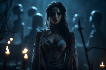 Fototapeta premium AI generated picture of a mysterious woman standing in a graveyard at night