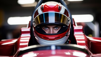 Fototapeta premium Close-Up Portrait of Professional Racer Wearing Helmet in Red Race Car Ready for Competition