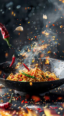 Epic shot of fried noodles with chili in a bowl in a restaurant kitchen with flames and smoke. 