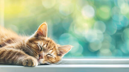 A cat is sleeping on a window sill. The cat is orange and has a relaxed expression