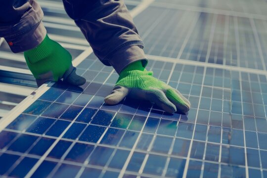 Handyman Installing Solar Panels on the Rooftop - Sustainable Energy Solution. Beautiful simple AI generated image in 4K, unique.