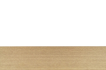 Isolated plane of table top with an artificial wood texture imitates hard woods such as cherry, oak, beech, pear at an angle with perspective and transparent background. Blank for design and artwork