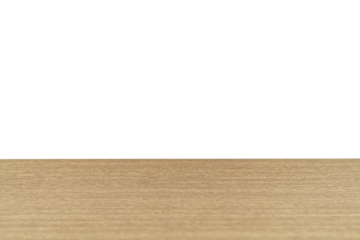 Isolated plane of table top with an artificial wood texture imitates hard woods such as cherry, oak, beech, pear at an angle with perspective and transparent background. Blank for design and artwork
