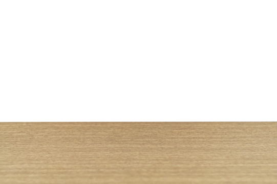 Isolated plane of table top with an artificial wood texture imitates hard woods such as cherry, oak, beech, pear at an angle with perspective and transparent background. Blank for design and artwork
