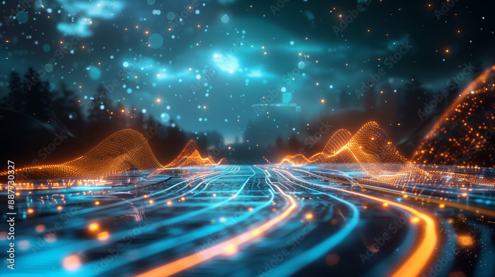 Aufkleber abstract digital road or track made of glowing lines and dots with blue glow on dark background, ill