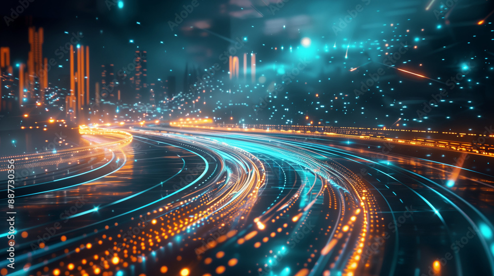 Poster Abstract digital road or track made of glowing lines and dots with blue glow on dark background, illustrating data transfer day. Concept of digital technology with bokeh effect, showcasing futuristic 