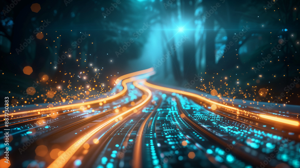 Poster abstract digital road or track made of glowing lines and dots with blue glow on dark background, ill