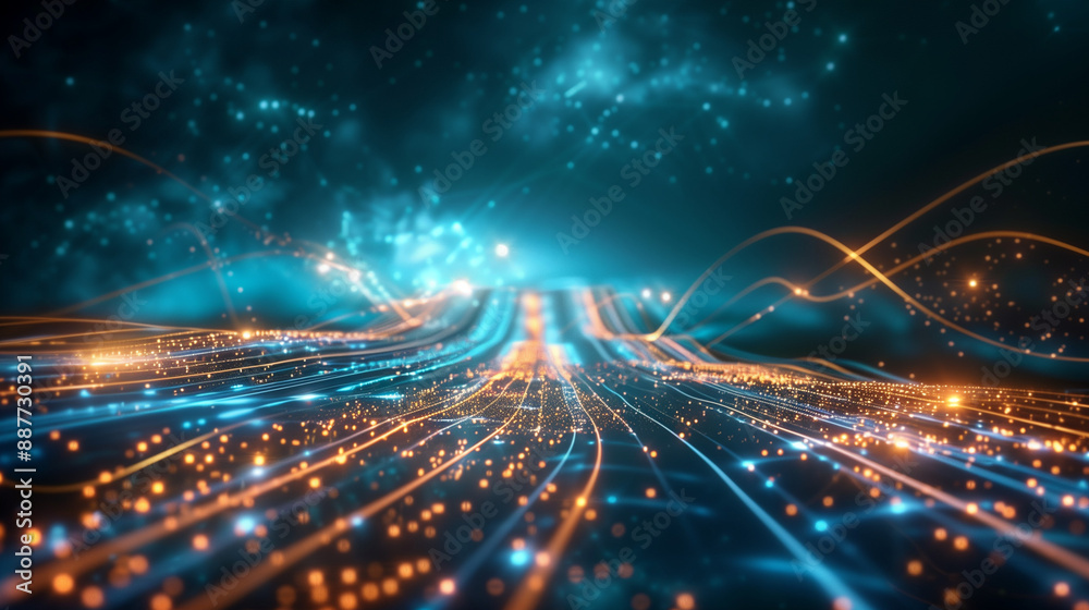 Fototapete abstract digital road or track made of glowing lines and dots with blue glow on dark background, ill