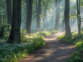 Obraz premium Serenity, quiet forest path, morning mist, dappled sunlight, serene walk, natures embrace