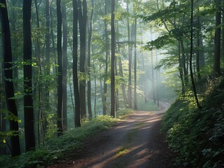Obraz premium Serenity, quiet forest path, morning mist, dappled sunlight, serene walk, natures embrace