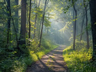 Fototapeta premium Serenity, quiet forest path, morning mist, dappled sunlight, serene walk, natures embrace