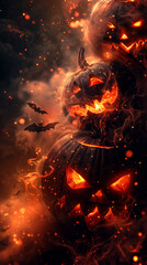 A Halloween themed poster with three pumpkins and bats. The poster has a dark and spooky mood