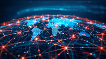 Global business network structure with virtual interface icons and internet technology, highlighting the concept of regulatory compliance.