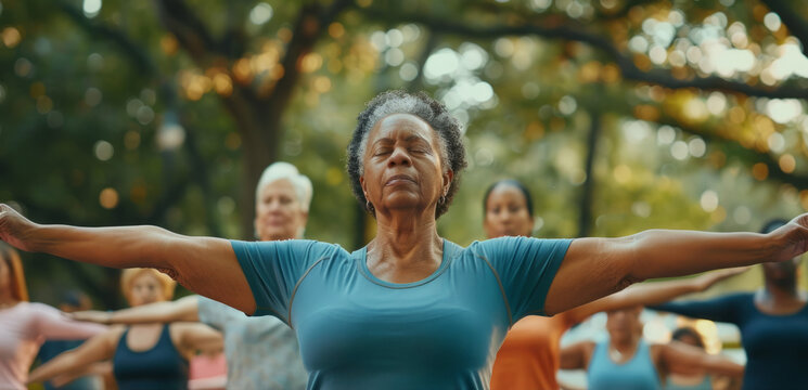A diverse group of individuals participate in a yoga session in a park, their serene expressions and focused postures reflecting a moment of tranquility amidst nature