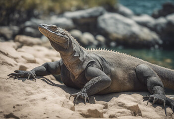Fototapeta premium A Komodo dragon basking on a rocky shore, midday heat 
