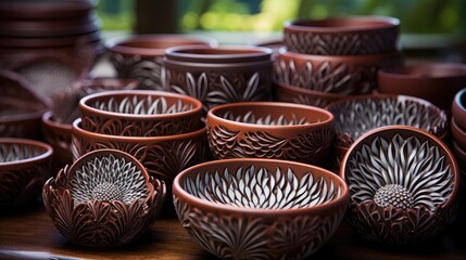 Fototapeta premium Hand-carved wooden bowls with intricate patterns, close-up view. 
