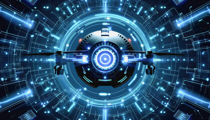 Fototapeta premium High-tech drone flying in digital network, blue neon lights, abstract connections, glowing circuit