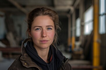 Fototapeta premium Serious female worker in factory