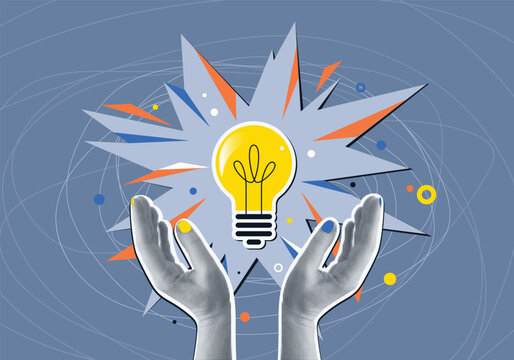 Idea concept vector illustration. Two halftone hands holds bulb