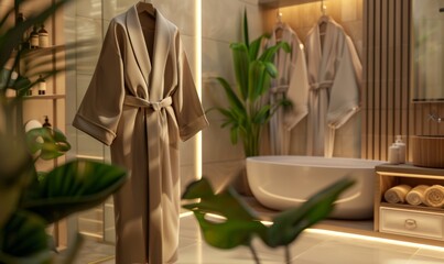 cinematic interior of modern bathroom with bathrobe hanging on wall plants spa equipment background beige color scheme elegant tranquil stylish minimalistic decor relaxation luxury