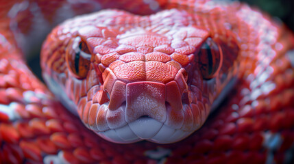Fototapeta premium A red snake with a black head and a white mouth. The snake is curled up and he is resting