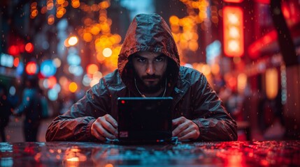 A hacker in a hoodie using a small device in a city at night, representing cyber threat and cyber security. The dark web.