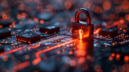 Padlock glowing on a circuit board, representing cybersecurity. Cyber protection and data security. Black hat hacker protection. Privacy and security. Pentesting. Penetration test.