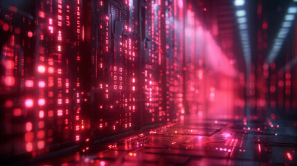 Abstract digital network with glowing red elements in a data center. Cybersecurity and network security. Abstract concept. Information and the internet. Data protection.