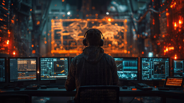 Person working at multiple computer screens in a cyber security operation room. Working in a data centre. Cybersecurity protection. Network Operations Centre. Ransomware and cryptolocker protection.