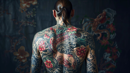 Naklejka premium Rear view of a man with a ponytail showcasing extensive colorful back tattoos featuring koi fish, flowers, and waves. Studio portrait. Body art and traditional Japanese tattoo design concept