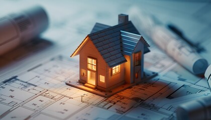 A small house model on on construction blueprints with architectural drawing lines, symbolizing home construction and real estate design