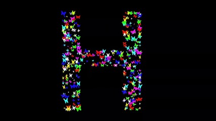Beautiful illustration of English alphabet H with colorful butterflies on plain black background