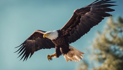 Naklejka premium A bald eagle soaring above the forest, clear blue sky 