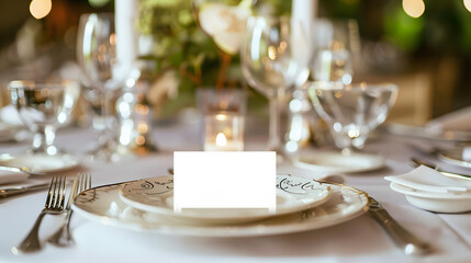 Fototapeta premium Table place setting blank menu card mockup or reserve in wedding invite and special event