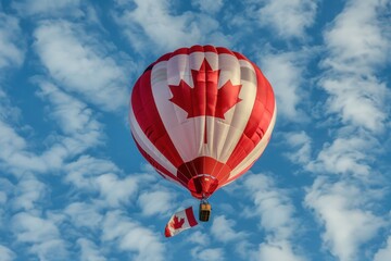 Fototapeta premium A red and white hot air balloon adorned with the Canadian flag ascends against a backdrop of blue sky and fluffy white clouds. A smaller Canadian flag hangs from the basket below.