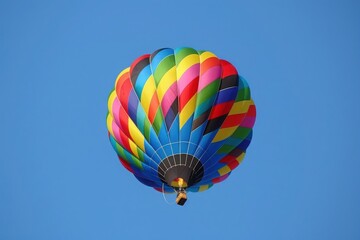 Naklejka premium A vibrant hot air balloon with colorful stripes and panels ascends gracefully against a clear, azure sky.