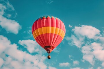 Fototapeta premium A vibrant red and yellow hot air balloon floats gracefully against a backdrop of fluffy white clouds and a bright blue sky.