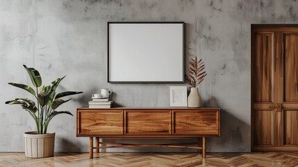Aesthetic arrangement of a living room interior featuring mock-up poster frames, a stylish wooden sideboard, books, and a gray stucco wall, complemented by personal accessories. Ideal for home decor 