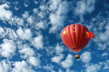 A red hot air balloon adorned with the Chinese flag soars through a bright blue sky, with fluffy white clouds scattered across the horizon.