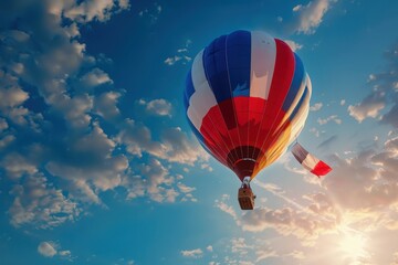 Fototapeta premium A hot air balloon, adorned with the colors of the French flag, floats gracefully through a sky filled with fluffy white clouds. The sun peeks through the clouds, casting a warm glow on the scene.
