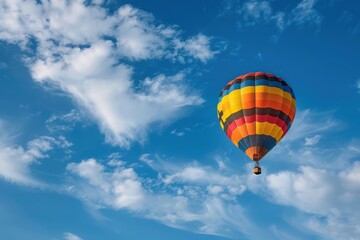 Naklejka premium A colorful hot air balloon with the German flag emblazoned on its side floats gracefully through a bright blue sky dotted with fluffy white clouds.