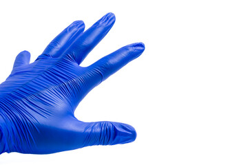 Hand in blue glove isolated on a white background.