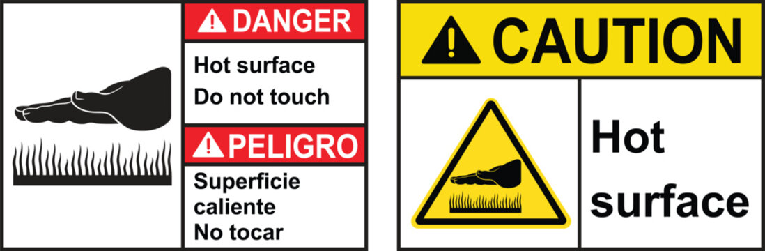Danger hot surface sign with symbol. Caution hot surface do not touch yellow label. Safety Sign Marking Label Symbol Pictogram Standards Danger Hot surface contact may cause burn do not touch.