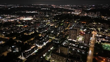 Naklejka premium Drone video of buildings at night.