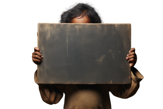 Impoverished arab boy looking at camera while standing carrying large black chalkboard in both hands hiding chin and isolated against white background