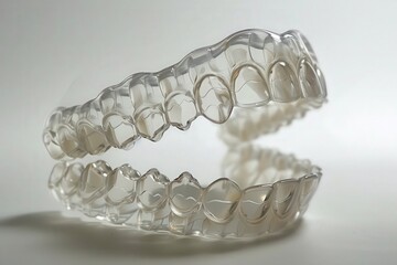 A close-up of two clear aligners, one on top of the other, showcasing a modern approach to teeth straightening.