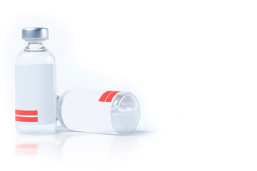 Vaccine bottle with blank label on white background with reflection.