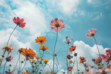 Colorful flowers floating in a clear blue sky, A cluster of flowers reaching towards the sky, AI generated