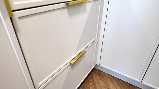 Modern, luxurious kitchen with gray furniture and a gold sink